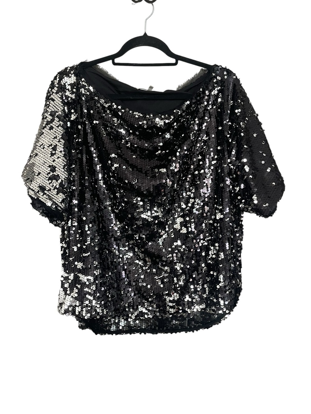 Milly Black Sequin Short Sleeve Draped Top